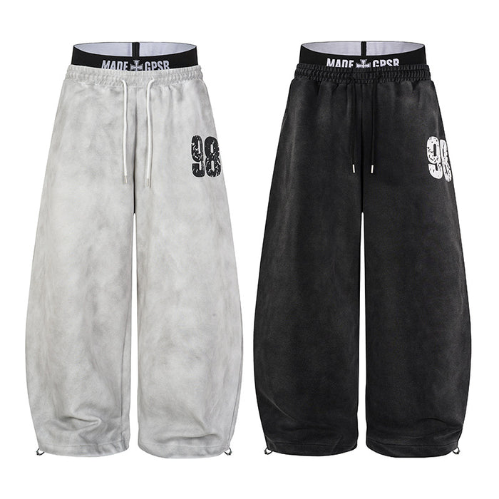 Wide Leg Sweatpants Acid Wash Double Waistband Baggy Fit with '98 Graphic
