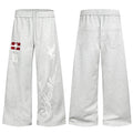 Gray wide-leg sweatpants shown from front and back with white Pegasus graphics, red patch and stitched rear pockets