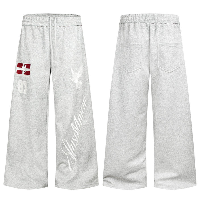 Gray wide-leg sweatpants shown from front and back with white Pegasus graphics, red patch and stitched rear pockets
