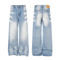 Men's baggy wide-leg washed gradient jeans in light blue denim, front and back view