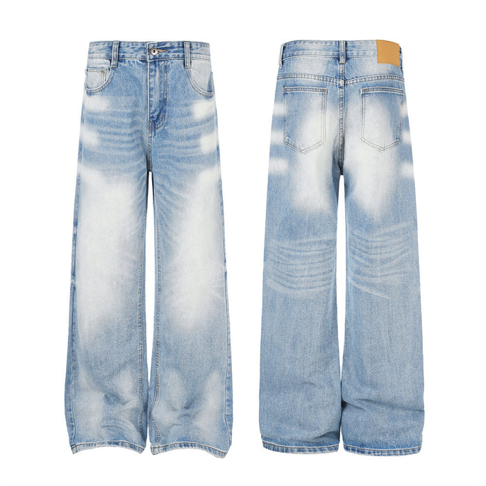 Men's baggy wide-leg washed gradient jeans in light blue denim, front and back view