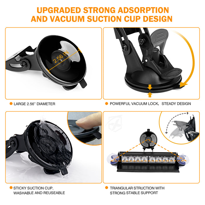Xprite  8" Windshield LED Strobe Lights  – 12V Dash Emergency Warning Light Bar Suction Cup Mount