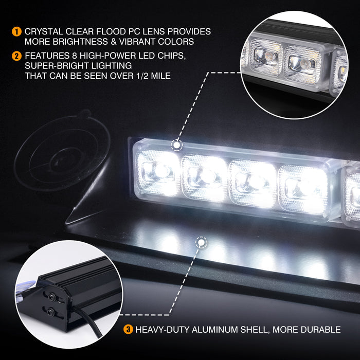 Xprite  8" Windshield LED Strobe Lights  – 12V Dash Emergency Warning Light Bar Suction Cup Mount