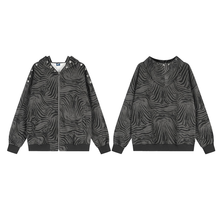 Grey and black zebra-print zip-up hoodie jacket shown from the front and back with ribbed trims