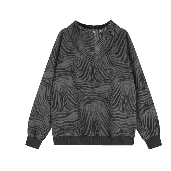 Back view of a grey and black zebra-print hoodie jacket with long sleeves and ribbed hem