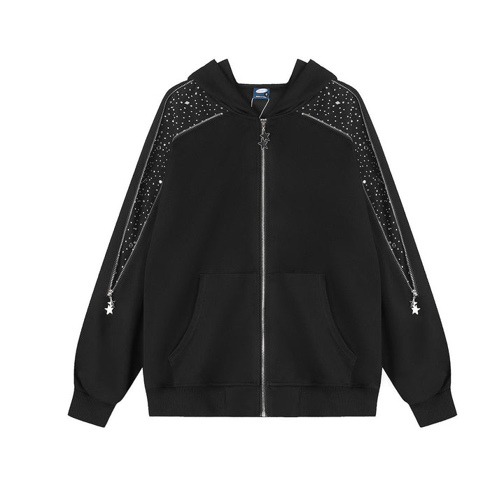 Black oversized zip-up hoodie with rhinestone star shoulder panels and silver star zipper pulls, front and back view