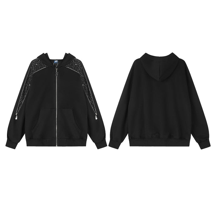 Black zip-up hoodie shown front and back, with rhinestone shoulder panels, hood, front pockets, and ribbed cuffs