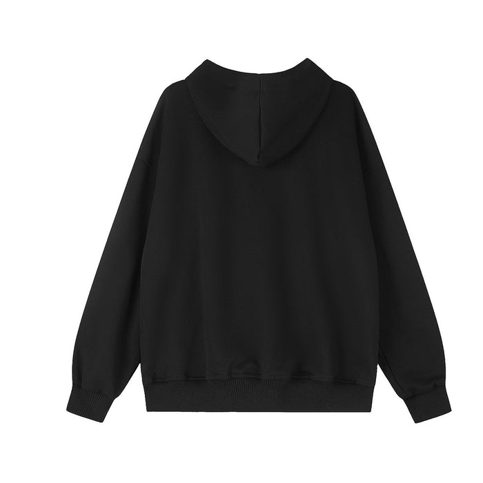 Back view of a plain black hooded sweatshirt with long sleeves, ribbed hem, and ribbed cuffs