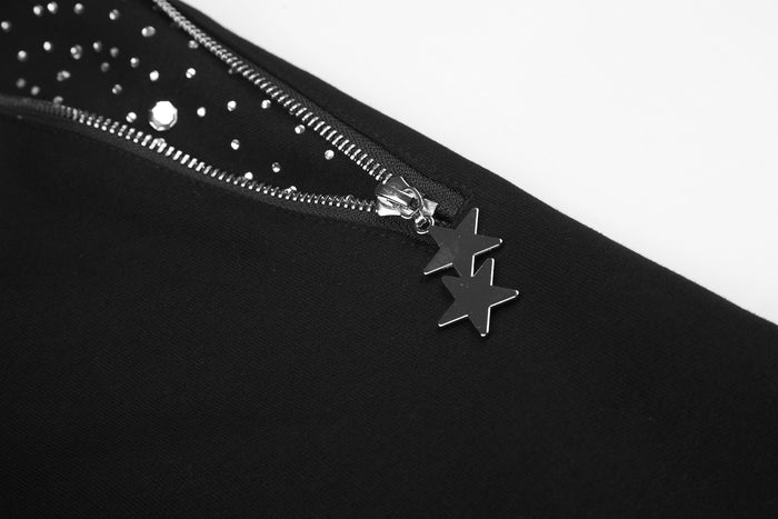 Close-up of the black hoodie zipper showing scattered rhinestones and two dangling star-shaped zipper pulls