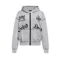 Heather grey zip-up hoodie with gothic Grind Hard blackletter print and heraldic crest, contrast chain-stitch seams, front an