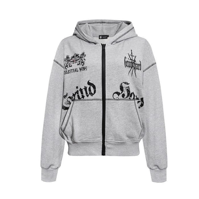 Heather grey zip-up hoodie with gothic Grind Hard blackletter print and heraldic crest, contrast chain-stitch seams, front an