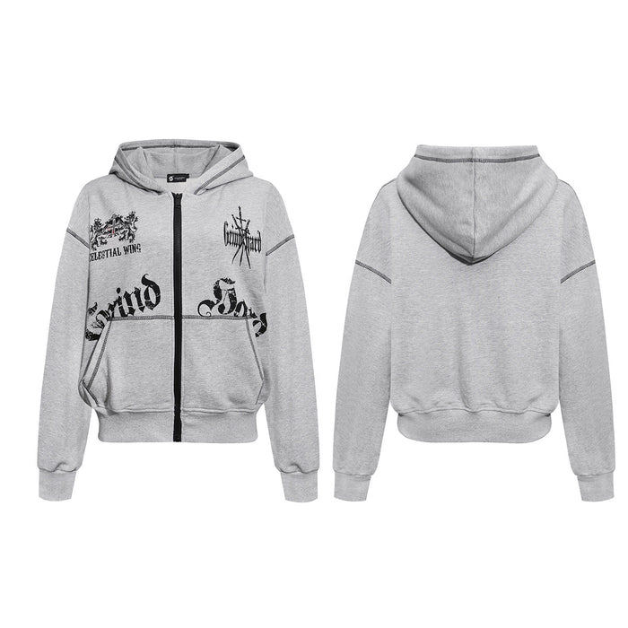 Gray zip-up hoodie showing the gothic front print, contrast stitching, kangaroo pocket, and plain back