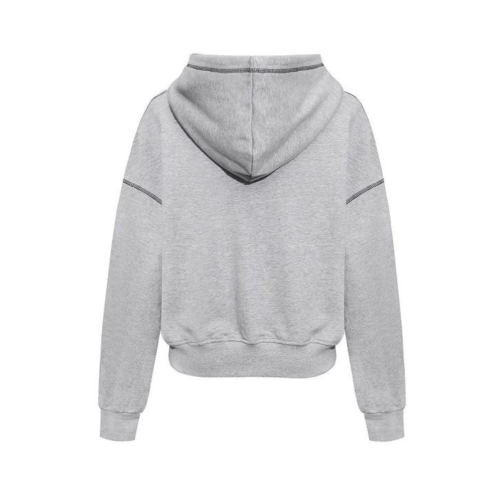 Back view of a gray zip-up hoodie with a hood, ribbed hem and cuffs, and contrast shoulder stitching